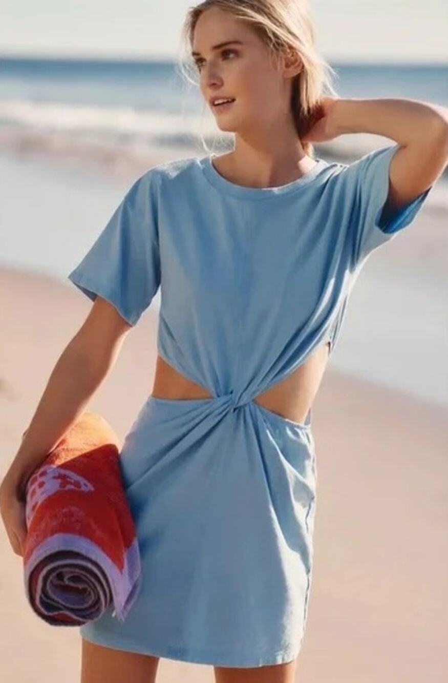 L*Space Lost Winds Cutout Tee Shirt Mini Dress Blue Large NWT